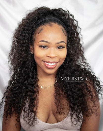 Irene - Curly 2C-3A Human Hair Drawstring Headband Wigs - HBW041
