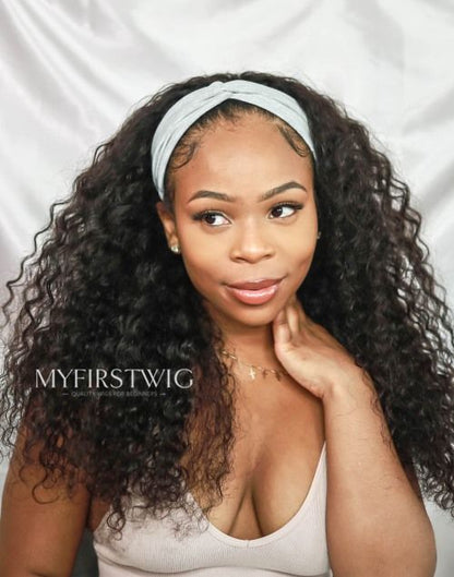 Irene - Curly 2C-3A Human Hair Drawstring Headband Wigs - HBW041