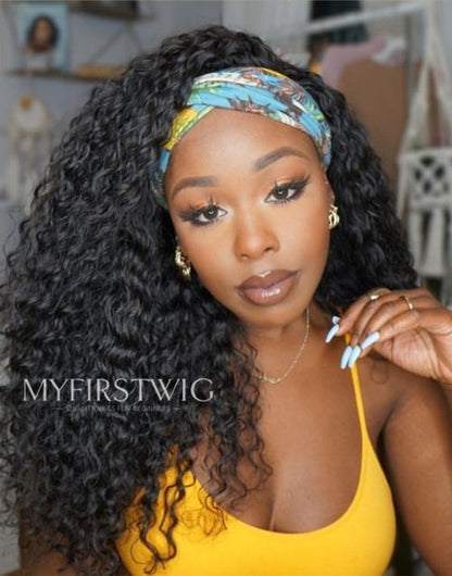 Irene - Curly 2C-3A Human Hair Drawstring Headband Wigs - HBW041