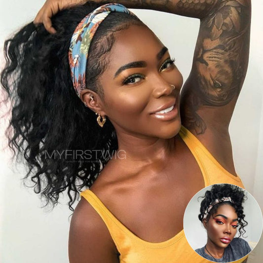 Shantania - Loose Wave Curls Human Hair Drawstring Headband Wigs - HBW040