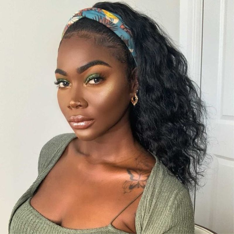 Shantania - Loose Wave Curls Human Hair Drawstring Headband Wigs - HBW040