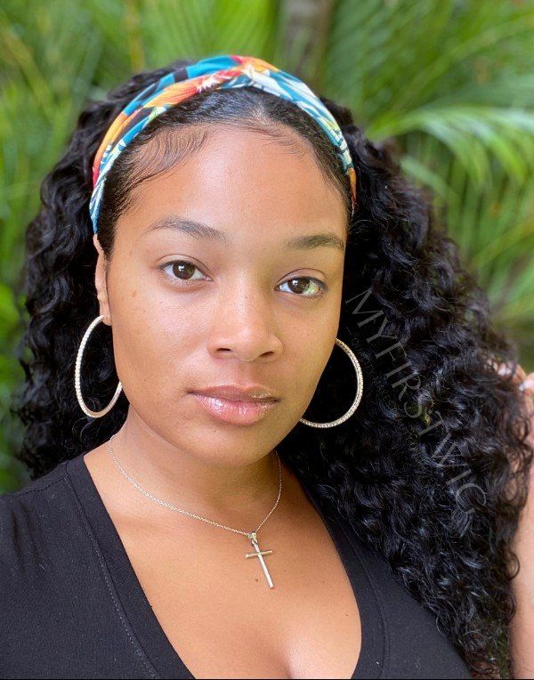 Sharon - Shoulder Length Curly Human Hair Drawstring Headband Wigs - HBW049