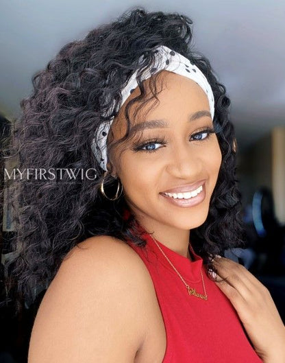 Sharon - Shoulder Length Curly Human Hair Drawstring Headband Wigs - HBW049