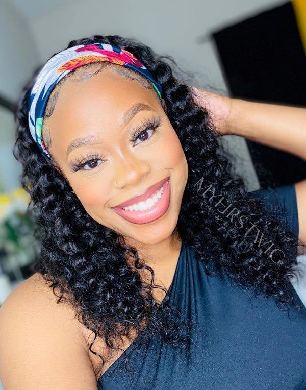 Sharon - Shoulder Length Curly Human Hair Drawstring Headband Wigs - HBW049