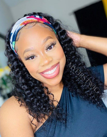 Sharon - Shoulder Length Curly Human Hair Drawstring Headband Wigs - HBW049