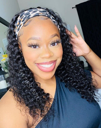 Sharon - Shoulder Length Curly Human Hair Drawstring Headband Wigs - HBW049