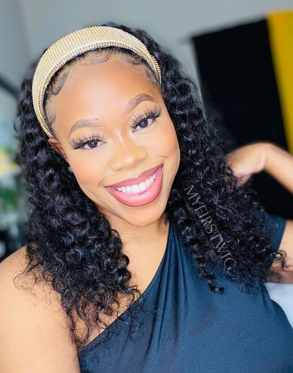 Sharon - Shoulder Length Curly Human Hair Drawstring Headband Wigs - HBW049