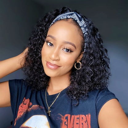 Sharon - Shoulder Length Curly Human Hair Drawstring Headband Wigs - HBW049