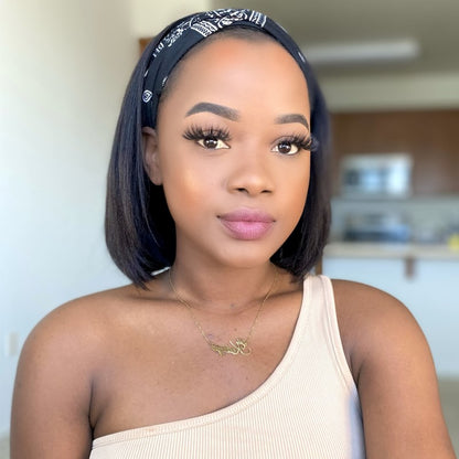 Tara - Yaki Texture Bob Short Human Hair Drawstring Headband Wigs - HBW005