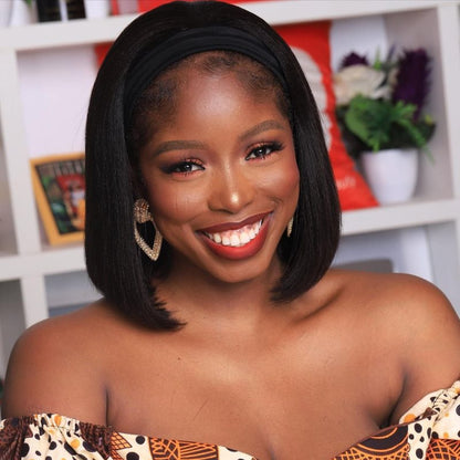 Tara - Yaki Texture Bob Short Human Hair Drawstring Headband Wigs - HBW005